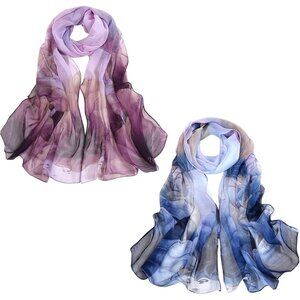 Women's Blue+purple Fashion Lightweight Head Scarf Floral Print Chiffon Scarves